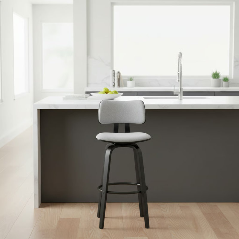 26" Swivel Black Wood Counter Stool in Light Gray Fabric with Black Metal
