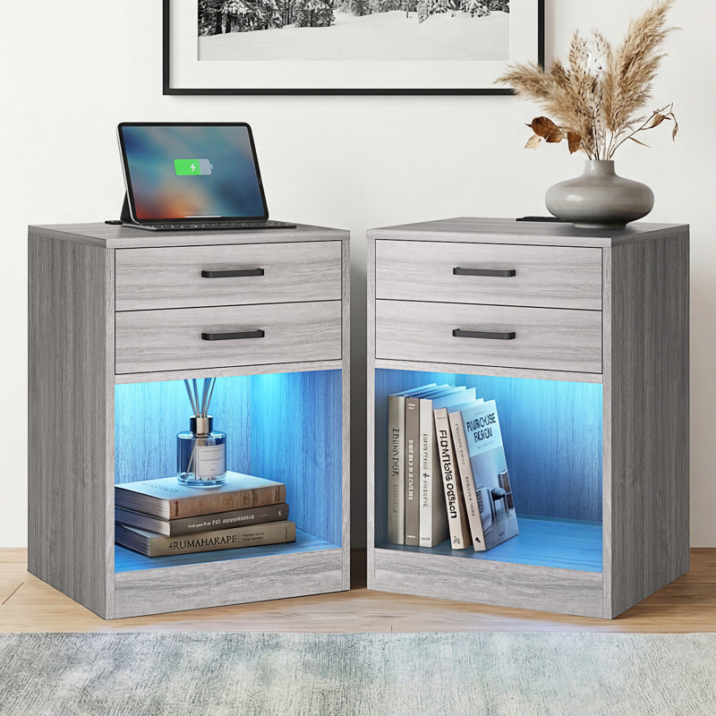Modern Gray Nightstands with Multi-color RGB LED Lights & Charging Station, 2 Drawers & Open Shelf in Minimalist Style, Gray