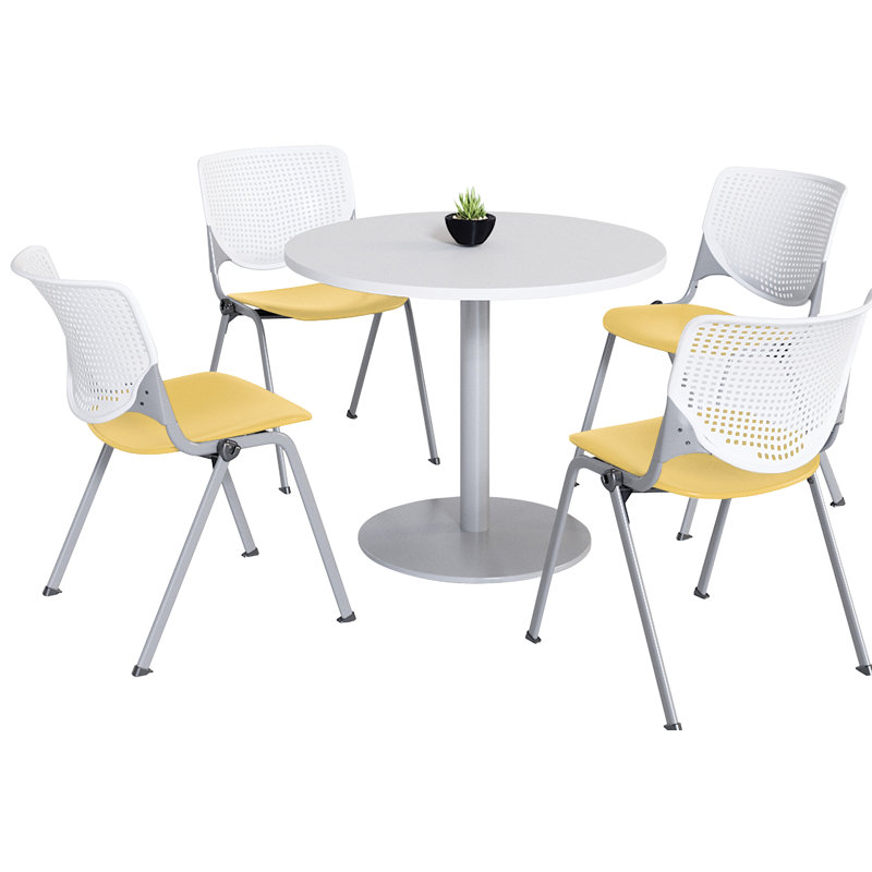 Ensemble de table de salle à manger avec 4 chaises empilables Kool Mode, H 29 po x L 42 po x l 42 po, Blanc / blanc / jaune