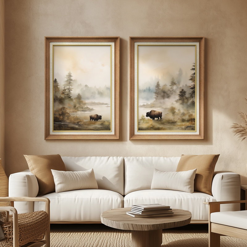 Misty Lakeside Bison Landscape Soft Atmospheric - ensemble de 2 reproductions d'art encadrées de qualité supérieure sur papier 26 po x 36 po