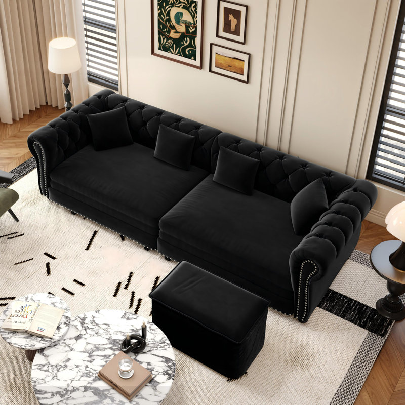 89" Velvet Chesterfield Sofa Bed, Pull-Out Sleeper Sofa, King-size Convertible Couch Bed for Living Room Apartment Office
