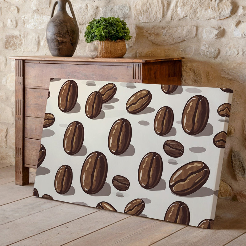La toile crée un motif sans couture mettant en vedette un tableau de grains de café, dans des tons de brun variés, y compris l'art mural sur toile chocolat foncé
