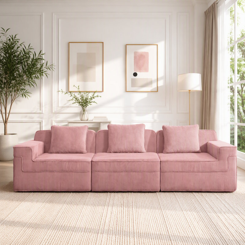 Canapé modulaire en velours côtelé 3 places sans assemblage, 3-Seater, Pink