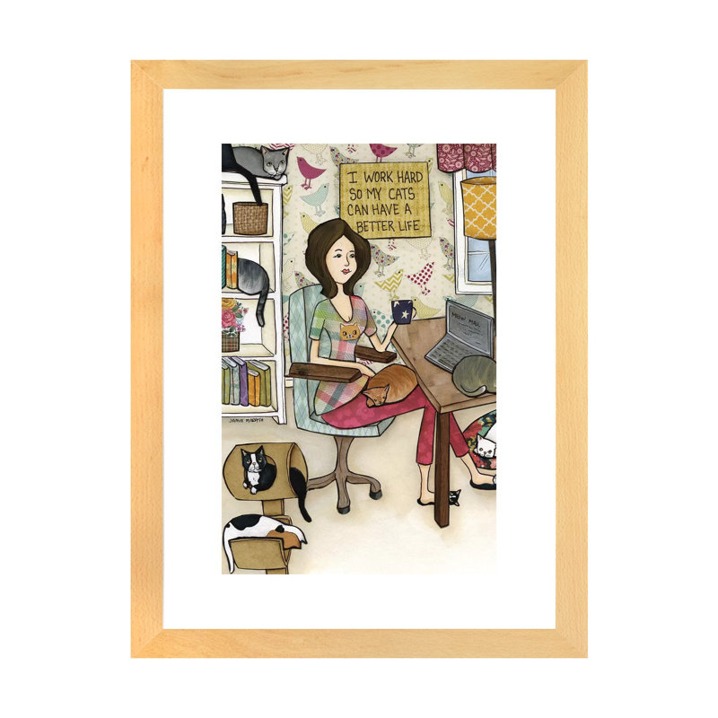 « Cats Better Life » par Jamie Morath-impression, Blanc, H 24 po x l 16 po x P 1 po, Toile avec cadre en bois beige