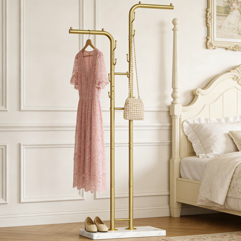 Freestanding Double-Pole Coat Rack With 8 Hooks And Marble-Look Base, Sturdy Metal Clothes Hanger Stand For Entryway, Living Room, And Bedroom Organization