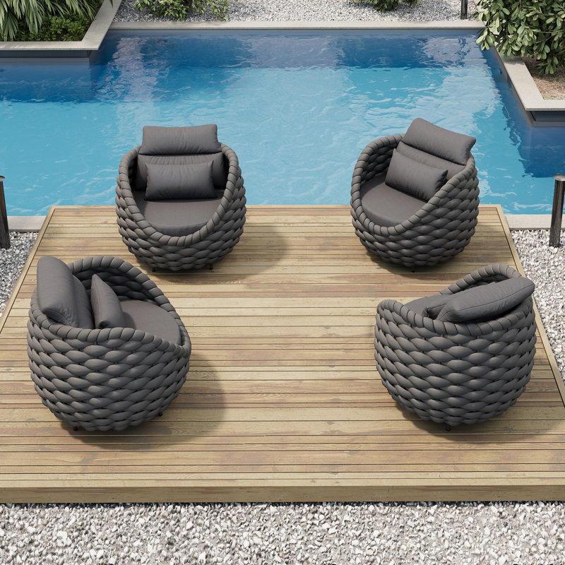 Wicker Outdoor Patio Chair with Cushions and Accent Pillow (Set of 4), Dark Gray, Dark Gray Polyester Rope