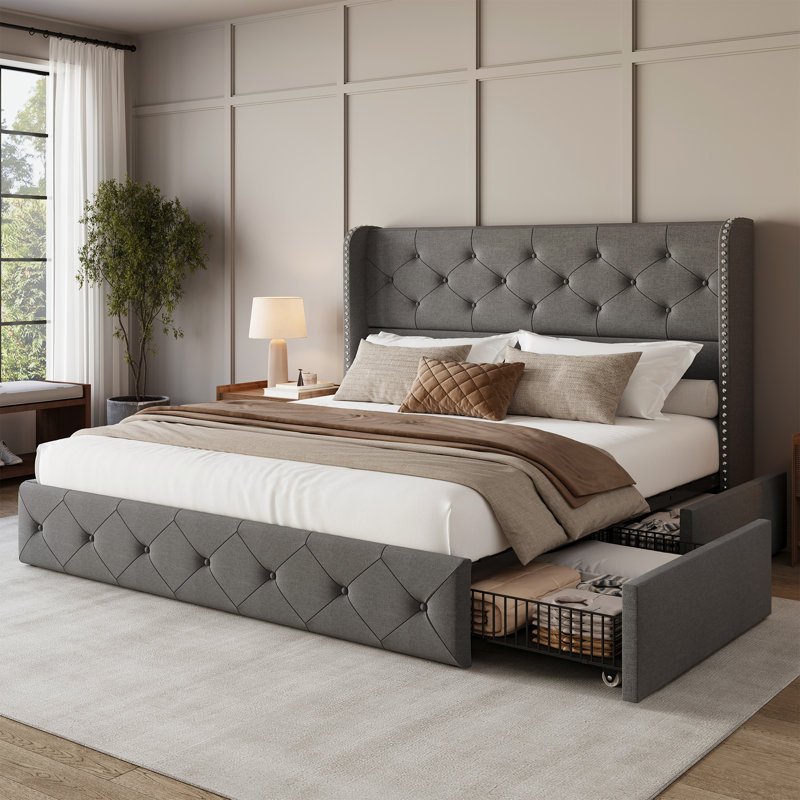 Lit plateforme tapissier avec tiroirs de rangement, structure de lit capitonnée avec dossier à oreilles et tête de lit, gris clair