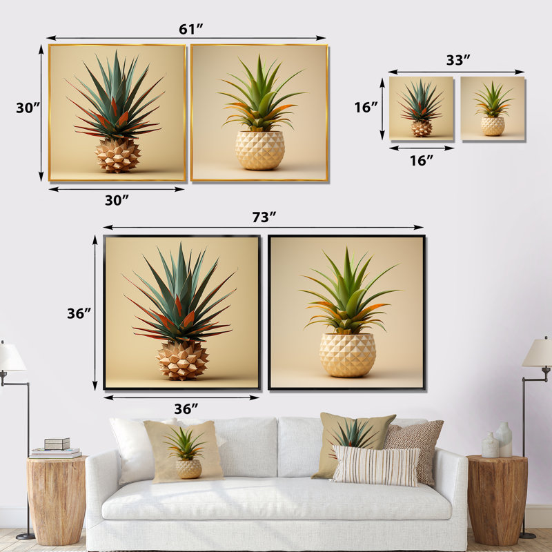 «Bauhaus Minimalisme Pineapples I», ensemble de 2 reproductions d'art sur toile, Cadre flottant blanc