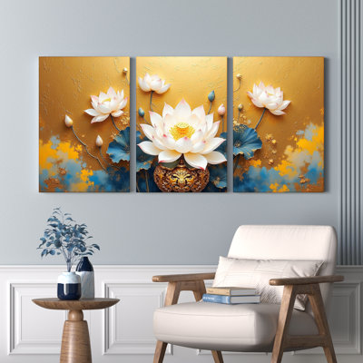 Golden Lotus Floral, reproduction d'art sur toile tendue sur toile (ensemble de 3)