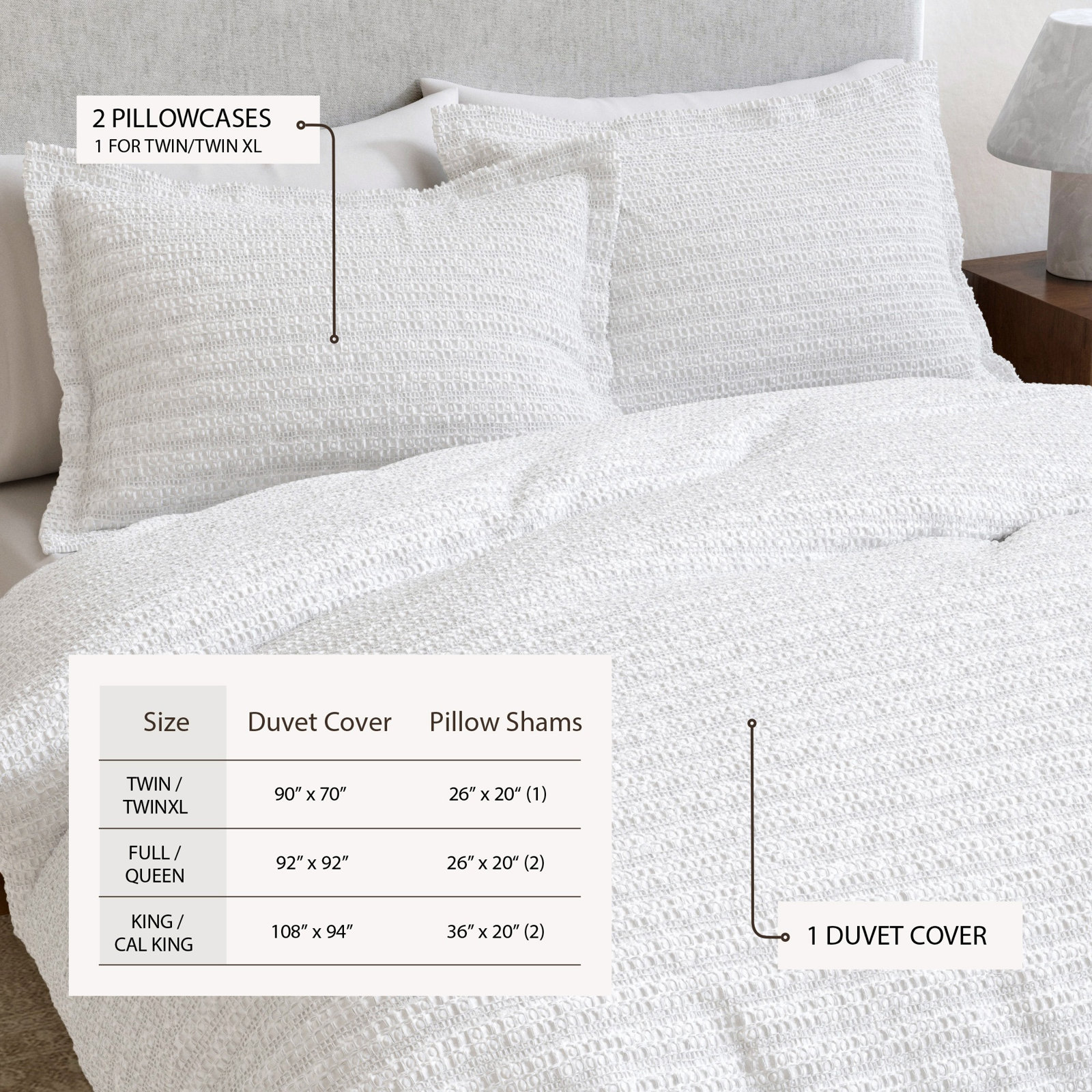 Waffle Cotton Duvet Cover Set, King / California King Duvet + 2 Shams, White