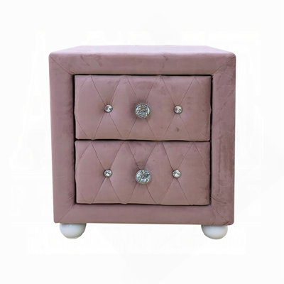 Pink Fabric Upholstered Nightstand With Two Storage Drawers, Wooden Bedroom Furniture