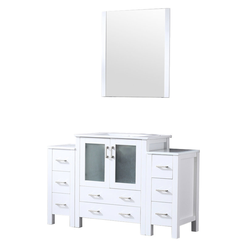 54 po Large meuble-lavabo blanc avec armoires latérales, miroir inclus, plateau en céramique à fermeture en douceur, longue durée, beaucoup de rangement pour les boules de coton, comptoir, tiroir