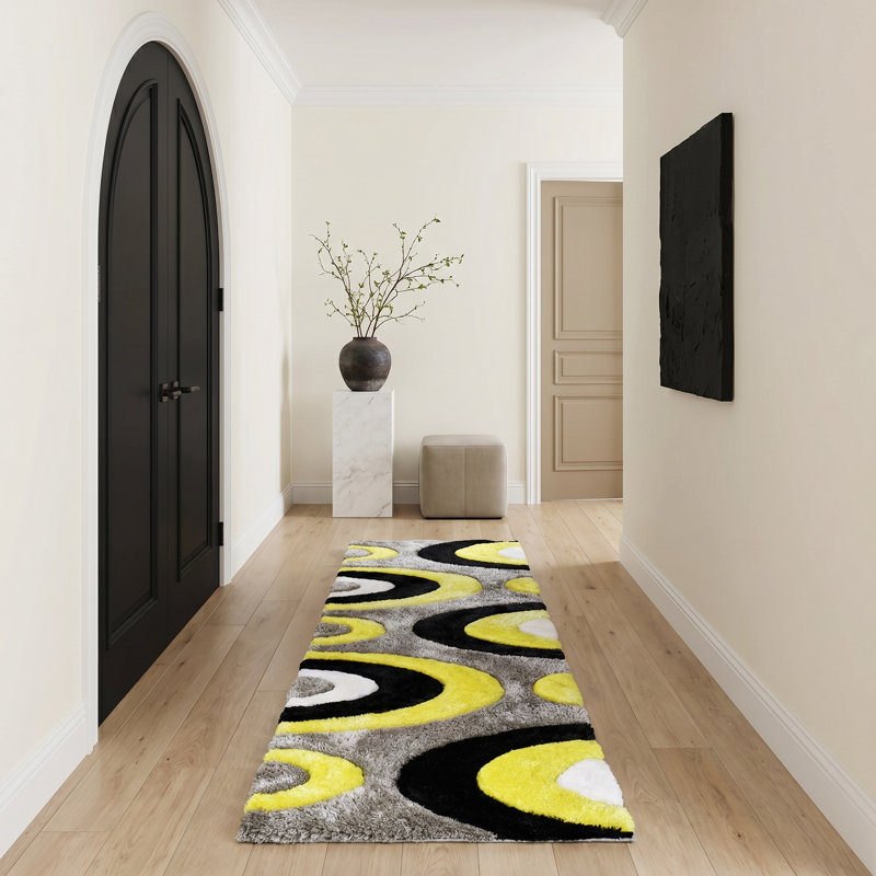 Thionville Geometric Shag Yellow/Black/Gray Area Rug, Runner 2'3" x 7'9"