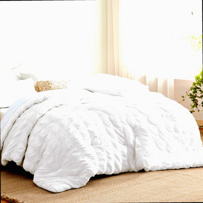 Plaid Seersucker Comforter Set - 7 Piece Full Size Bedding Bundle - Soft Lightweight Down Alternative Bed Set - White Plaid Bed in a Bag
