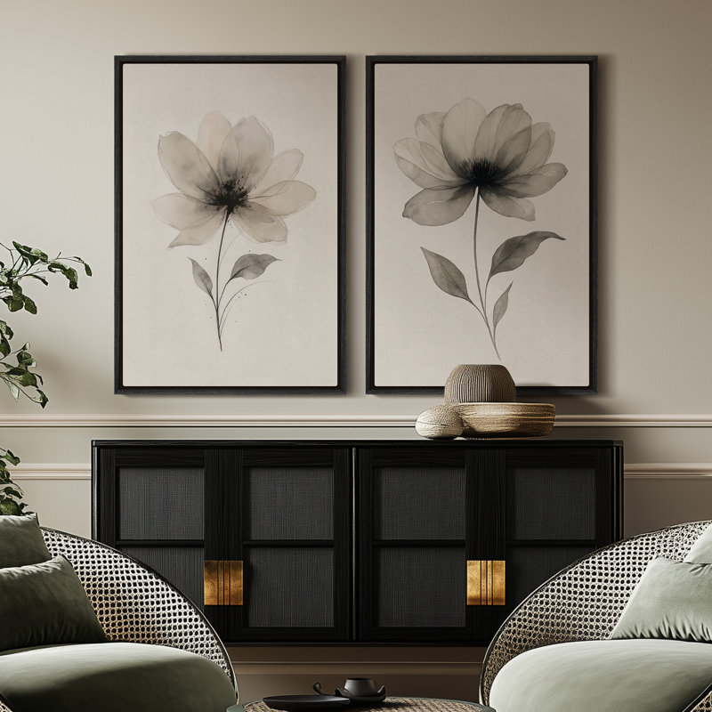 Framed Canvas Wall Art - Minimalist Botanical Flower Artwork Prints - 24"x36", 36" H x 24" W, Black