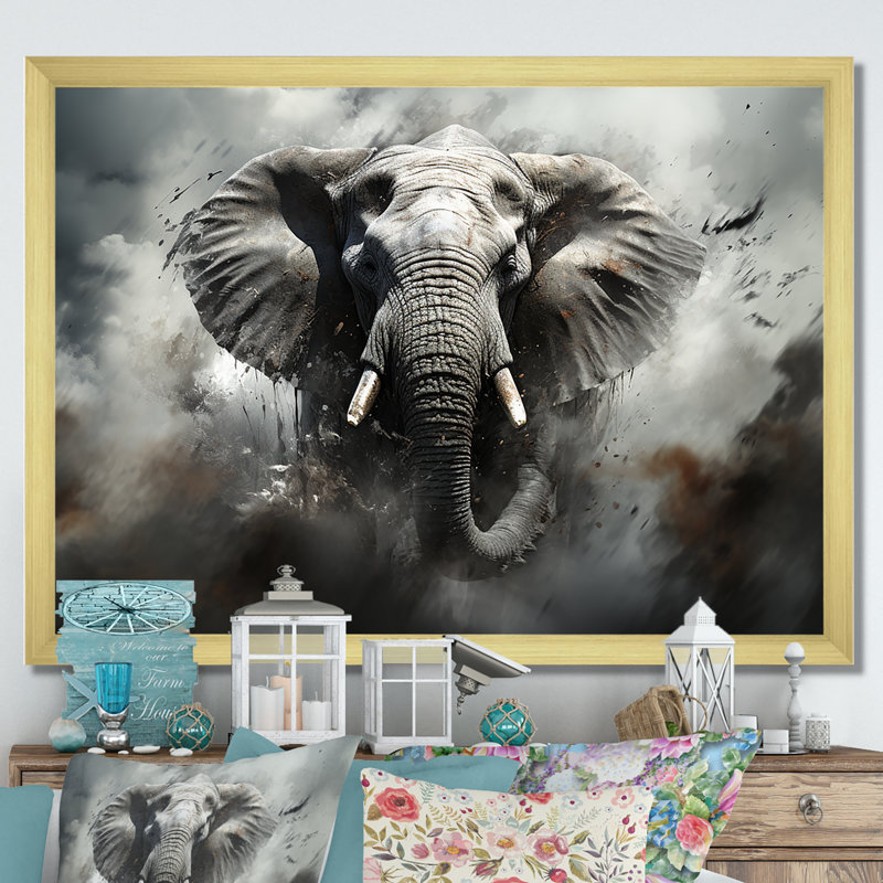 «Elephant Symphony Stampede I» sur toile, H 24 po x l 32 po x P 1 po, Cadre doré simple