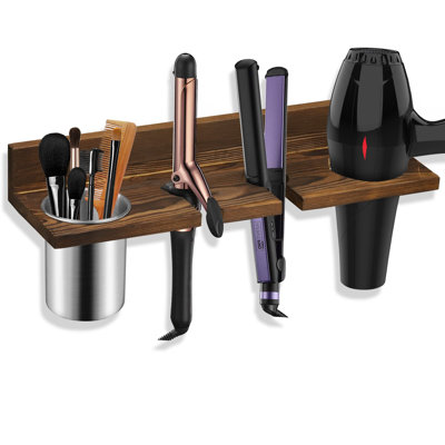 Wooden Hair Tool Organizer, Wall Mounted Blow Dryer Holder For Bathroom, Rustic Styling Tools Organizer