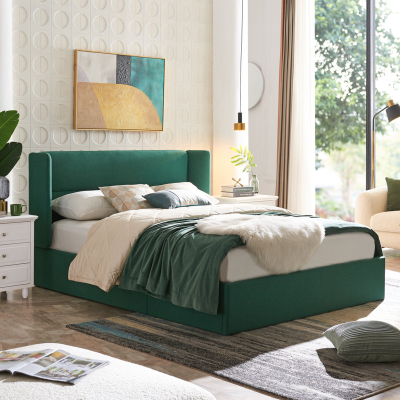 Lit plateforme tapissier avec rangement Gaillarde, Grand, Vert foncé