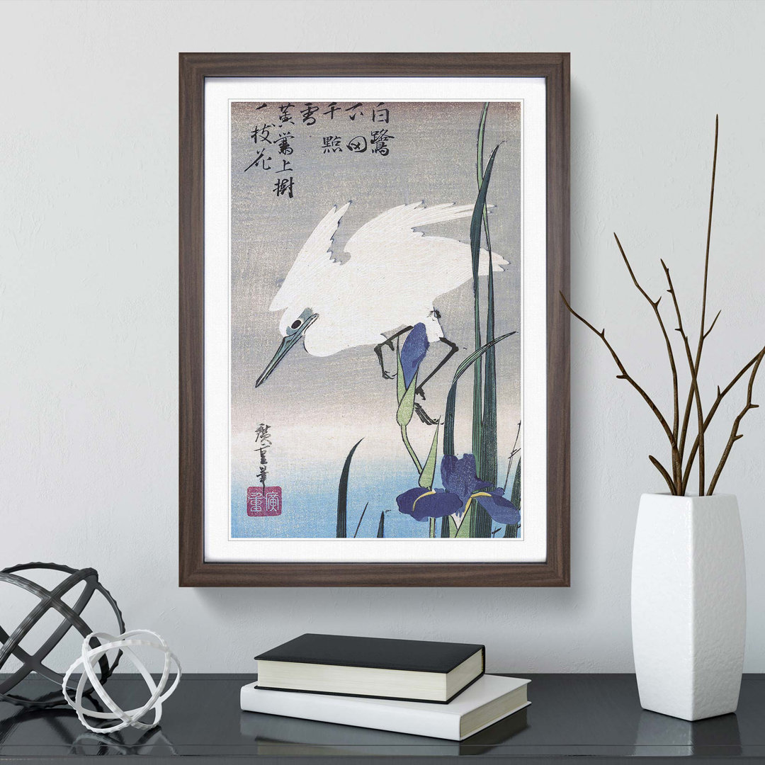 White Heron & Irises by Utagawa Hiroshige - Framed Print