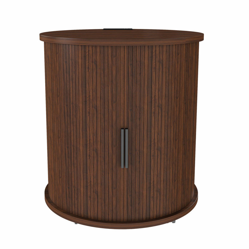 Walnut Cylindrical Mid-Century Nightstand, Sliding Door 2-Tier Storage Round Bedside Table With Charging Station
