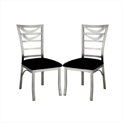 Chaise d'appoint à dossier échelle avec siège rembourré en microfibre, ensemble de 2, structure en métal argenté, revêtement noir élégant, l 18 po x P 19 po x H 39 po