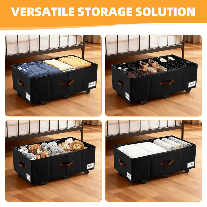 Under Bed Storage With Wheels,Underbed Storage With Sturdy Sidewalls/Bottom, Clear Cover, Label And PU Handle, Rolling Under Bed Drawers For Clothes, Shoes, 11 Inch Height,Black, 2 Pack