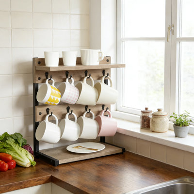 Rustic Industrial Mug Tree Holder With Storage Base, 2-Tier Countertop Mug Rack Organizes 8 Coffee Mugs, Farmhouse Kitchen Decor