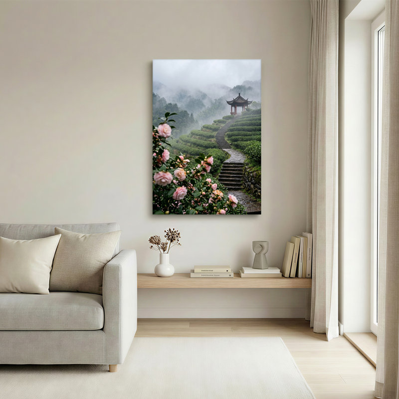«Pink Camellias and Stone Stairs to Misty Pagoda», art mural, 18"H x 12"W