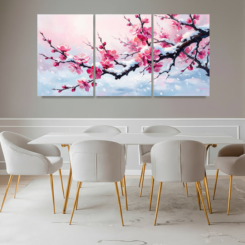 Fleurs de cerisier enneigées, impression sur toile tendue sur toile, ensemble de 3, pour salon, chambre à coucher, décoration intérieure