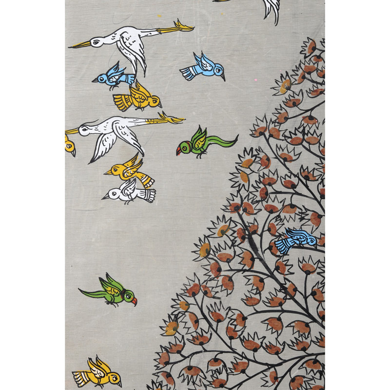 Tree of Life with Flying Birds Pattachitra Painting on Cloth by Purna Chandra, 40" H x 22" W Odisha Folk Art Wall Decor