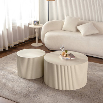 Round Coffee Table Set Of 2 Living Room Beige Nesting Modern Drum Side Table End Table Wave Stripe Coffee Table For Living Room