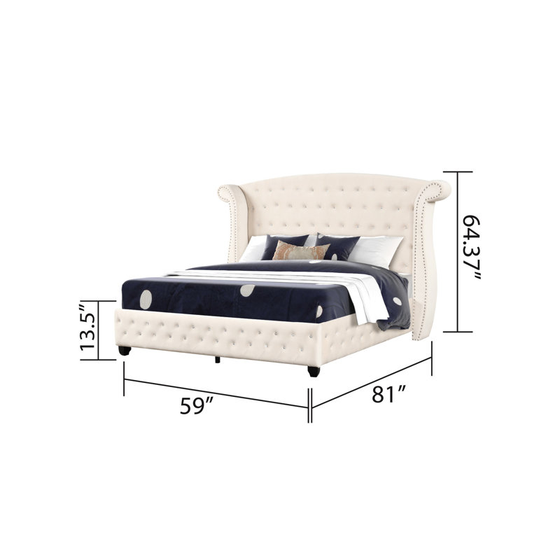 Lit double Crystal en crème, structure en bois massif, lit crème d'apparence glamour, cadre luxueux