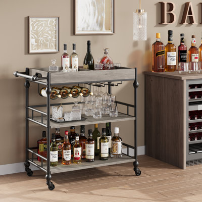 Bar Cart, 3-Tier Serving Cart with Wheels,Metal Rolling Cart with Wine Rack & Removable Tray- Home Bar & Serving Carts