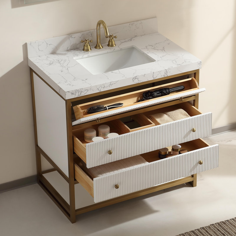 Meuble-lavabo autoportant de 36 po avec éclairage DEL, pierre d'ingénierie et tiroirs cannelés Celestia, quincaillerie dorée