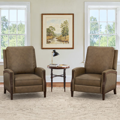 Fauteuil inclinable manuel en cuir véritable de 32,3 po de largeur avec main courante en bois massif Liauro (ensemble de 2)