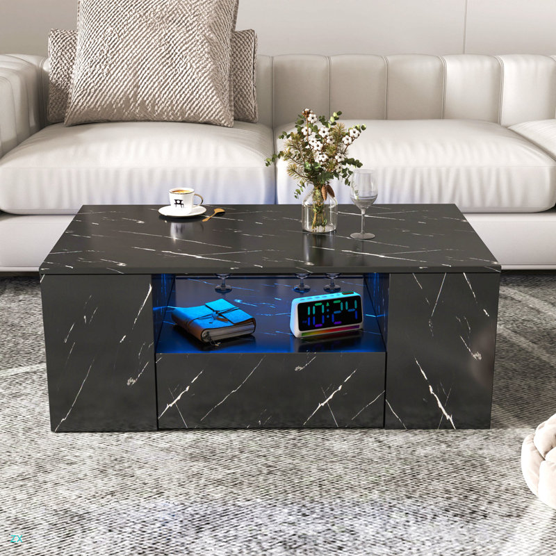 Table basse haute DEL 14,57 po, tables basses modernes pour le salon, table basse de rangement, petite table basse, table centrale avec 2 tiroirs et tablette latérale ouverte