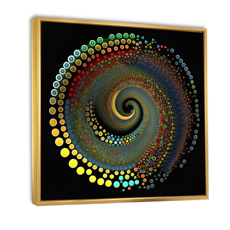 Iridiscdent pointillism spiral sur toile, Cadre flottant doré, H 36 po x l 36 po x P 1,5 po