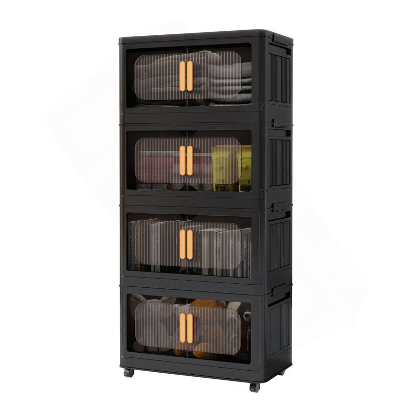 Noir, armoire de rangement pliante latérale de 20 po de large, 4 niveaux, 19,69 po x 11,81 po x 40,55 po, bacs de rangement pliables avec porte magnétique, armoire de rangement en plastique avec roues