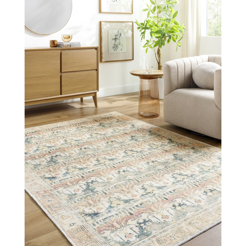 Tapis oriental blanc / bleu sarcelle / orange en polyester tissé à la machine Alburgh, Rectangle 7 pi 10 po x 10 pi 2 po