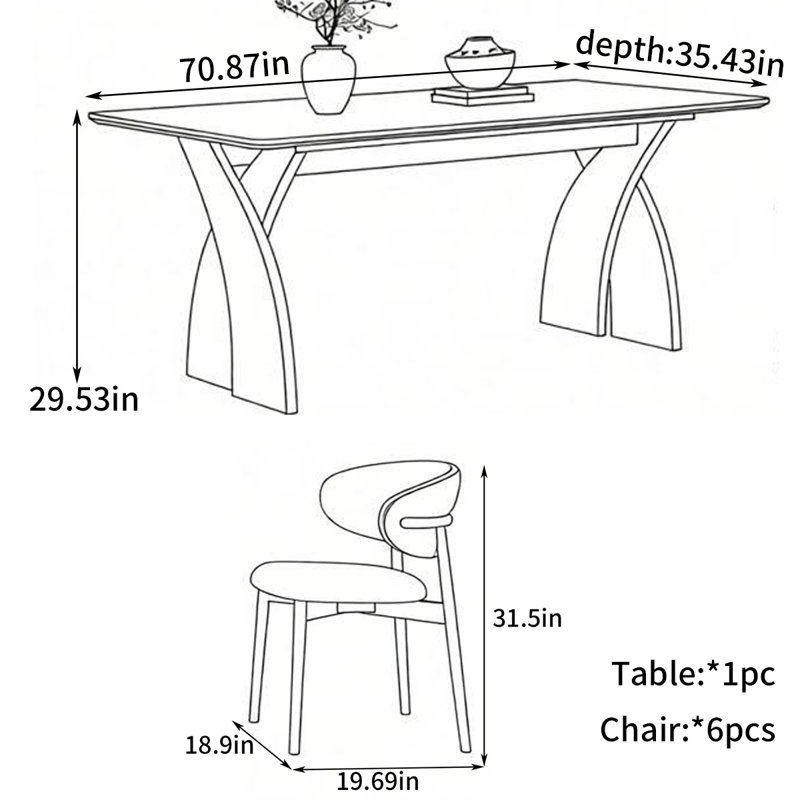 Table de salle à manger American American, 7 pièces : table, 6 chaises, H 29,53 po x l 70,87 po x P 35,43 po