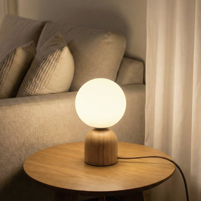 9.8” Modern Milk Glass Globe Table Lamp with Solid Wood Base, Dimmable & Adjustable Colour Temperature, E12 Socket, Ul Listed
