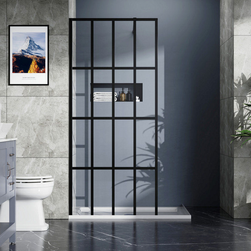 Porte de douche 34 "x 72" avec cadre noir et 4 panneaux de verre trempé pour douche à l'italienne