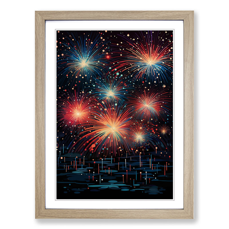 Fireworks Geometric - Single Picture Frame Print on Wood, Oak, 64cm H x 46cm W x 2cm D
