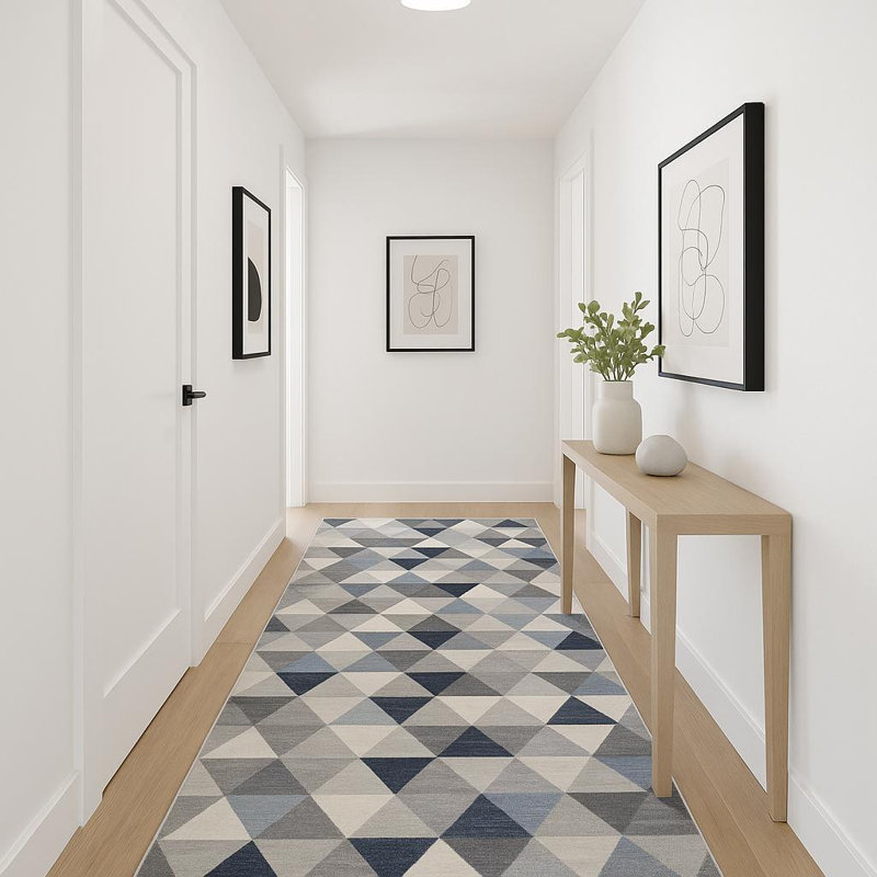 12' Blue And Beige Geometric Runner Rug