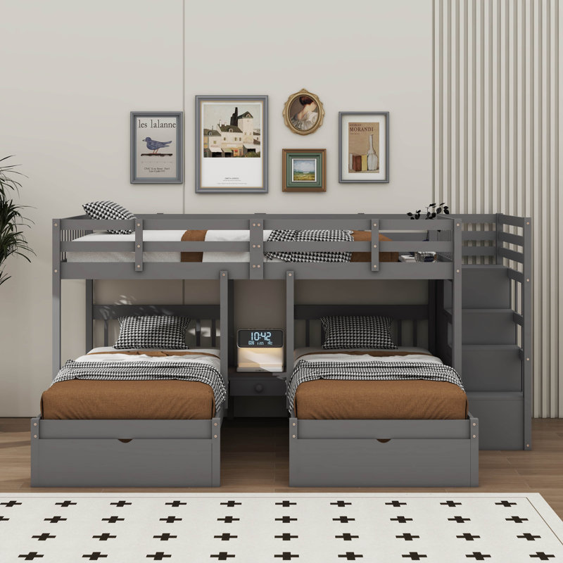 Lit superposé double au-dessus de simple et double en bois, avec rangement intégré et rails de protection, gris