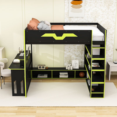 Lit mezzanine en bois avec bureau, tablettes et lumière RVB