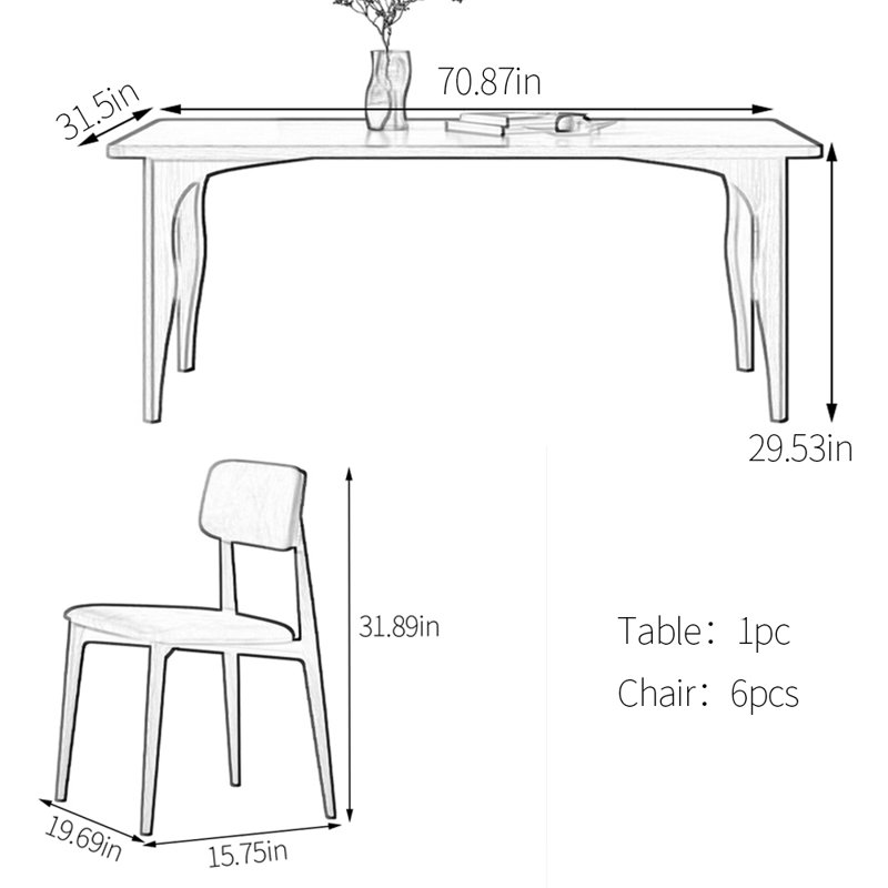 Ensemble de table de salle à manger simple en bois massif, 29.53"H x 70.87"L x 31.5"W