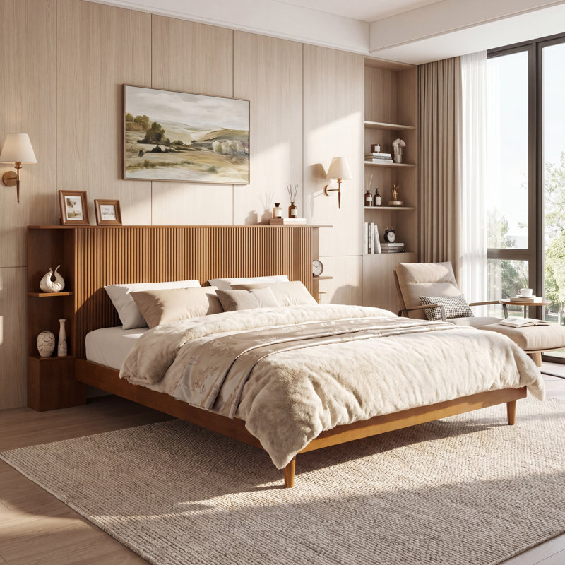 Lit plateforme en bois avec tête de lit et tablettes intégrées Hamy, Brown, King