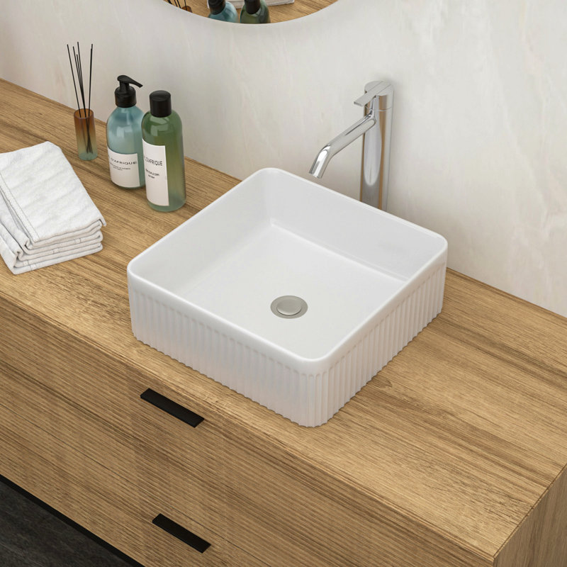 15.69"X15.69" White Ceramic Square Vessel Bathroom Sink