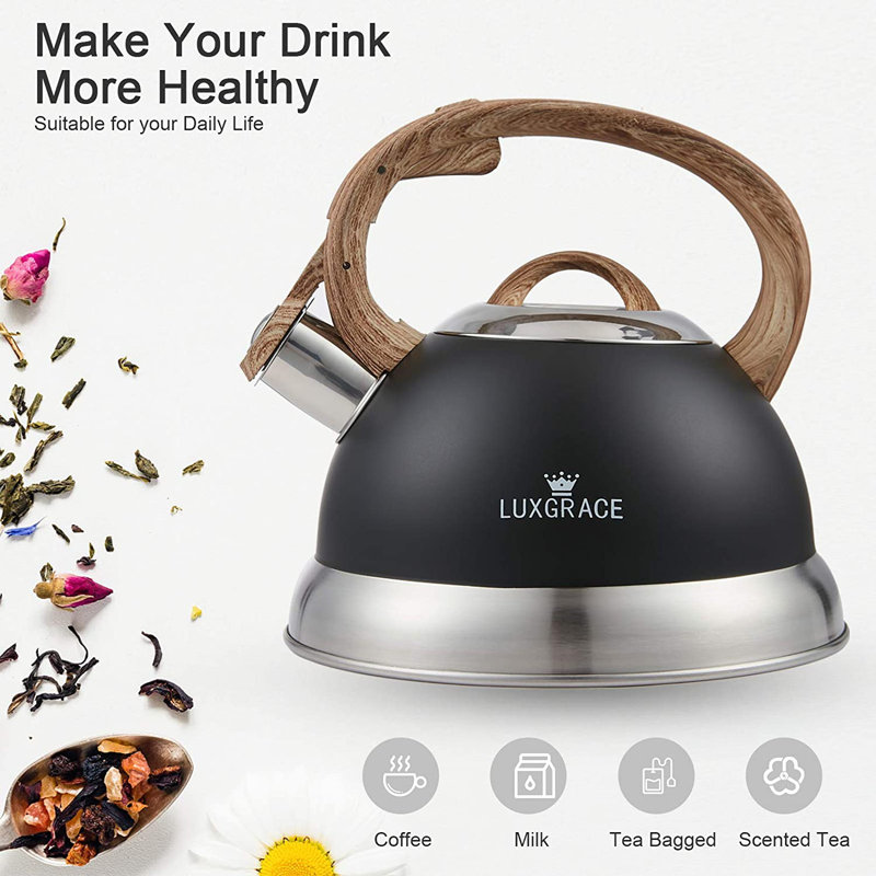 Opaque Black Stainless Steel Whistling Tea Kettle with Wood Handle